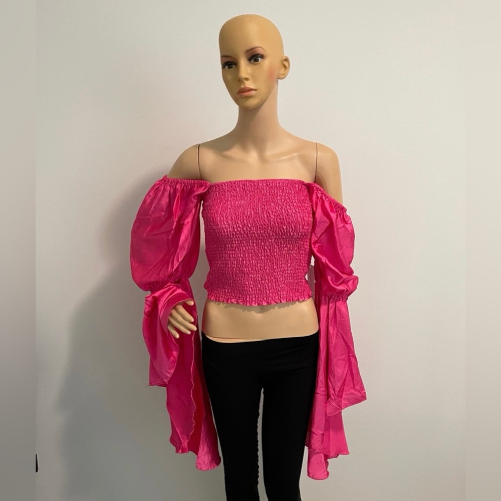 Statement Ruffle Sleeve Shirred Smocked Bright Pink Cropped Blouse